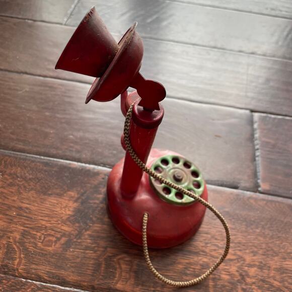 Vintage Tin Candlestick Telephone Toy Child Phone Wood Red Antique READ - Picture 14 of 14